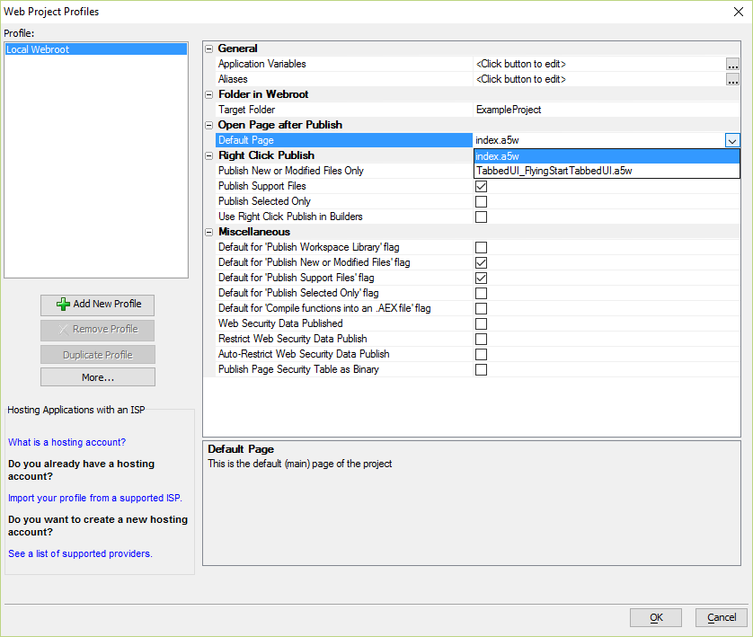 Selecting a Default Page for the Local Webroot publishing profile
